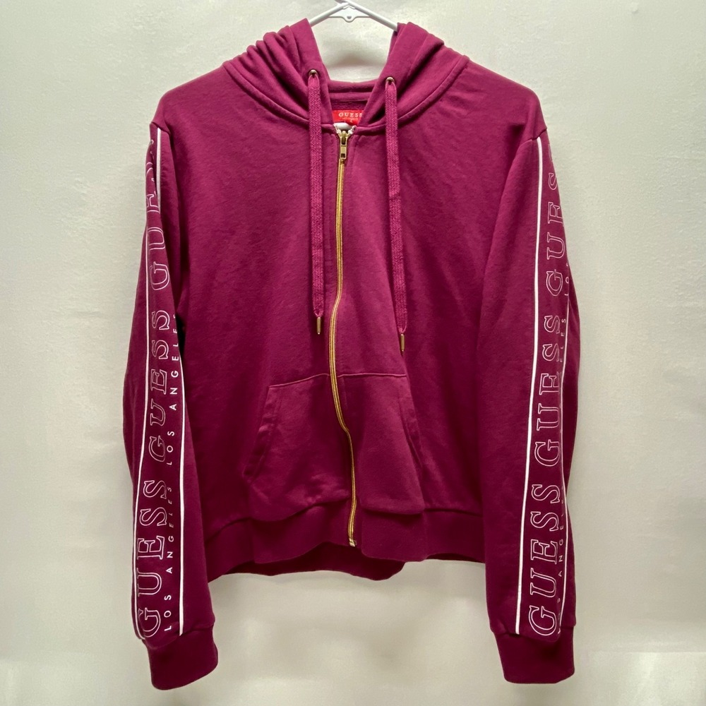 Guess Los Angeles Y2K Hoodie Women's Large Maroon Full Zip LA Sleeve Logo Fleece